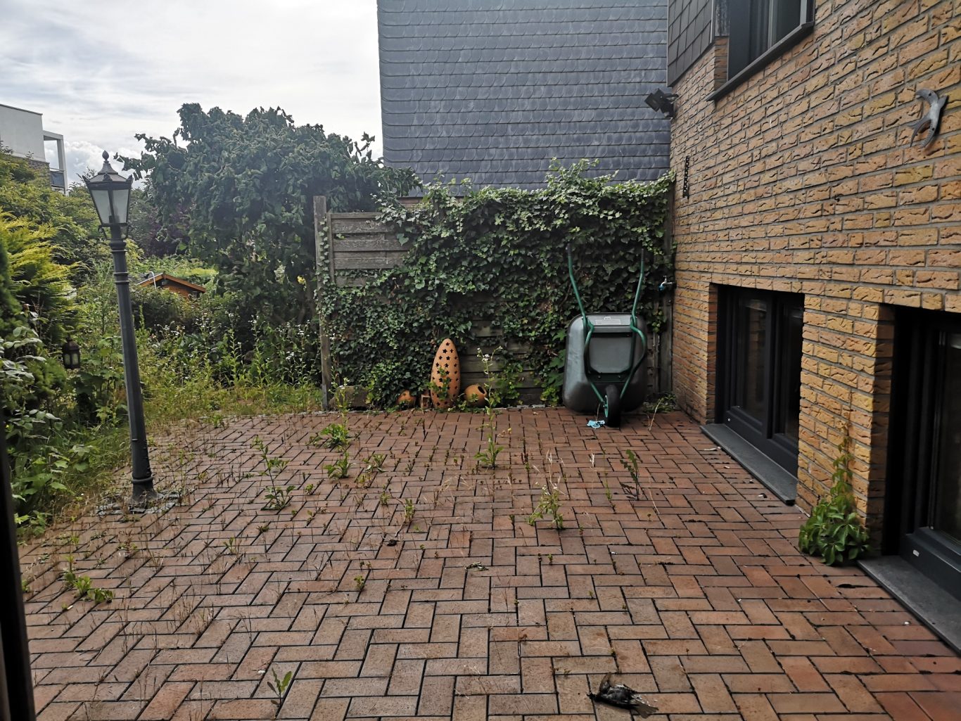 Immobilienmakler Verwaister Außenbereich mit Pflastersteinen, Unkraut und einem grünen Container.